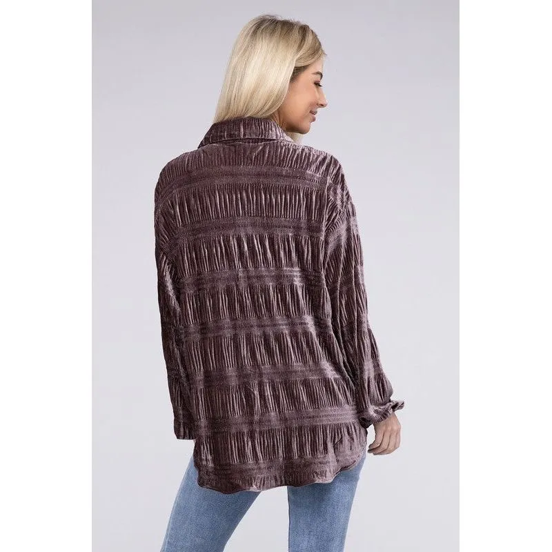 Wrinkle Effect Tiered Shirring Velvet Shirt