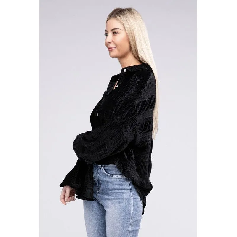 Wrinkle Effect Tiered Shirring Velvet Shirt