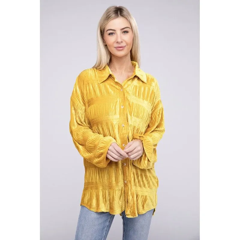 Wrinkle Effect Tiered Shirring Velvet Shirt