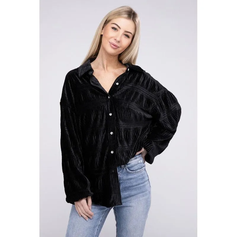 Wrinkle Effect Tiered Shirring Velvet Shirt